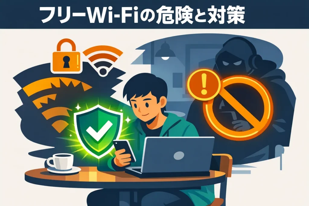 カフェでフリーWi-Fiを使う人と盾で守られるイメージ フリーWi-Fiの危険と対策