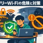 カフェでフリーWi-Fiを使う人と盾で守られるイメージ フリーWi-Fiの危険と対策