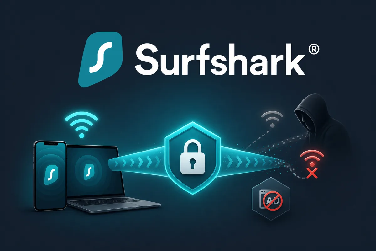SurfsharkのロゴとフリーWi-Fiを安全に使うイメージ